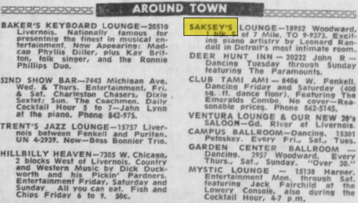 Sakseys Lounge & Restaurant (Sakseys Supperclub, Rampart St) - June 1962 Listing (newer photo)